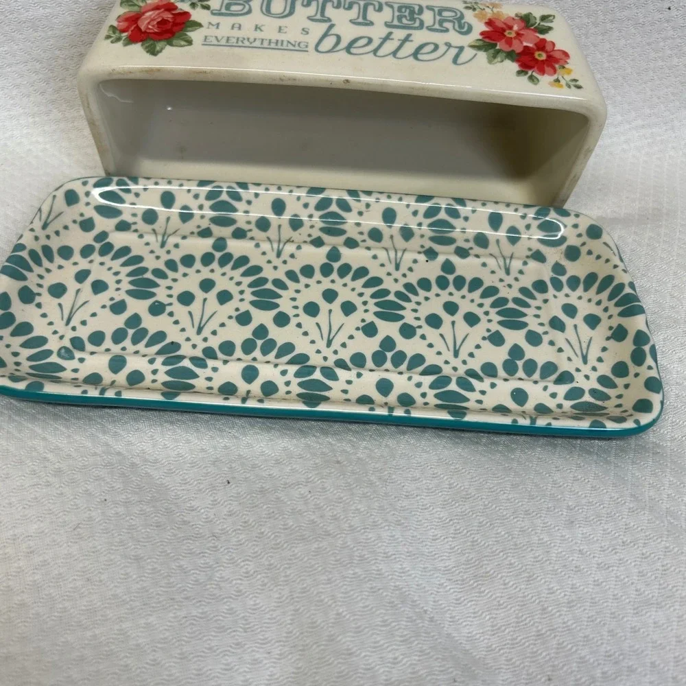 Pioneer Woman Butter Makes Everything Better Floral Stoneware Butter Dish Teal